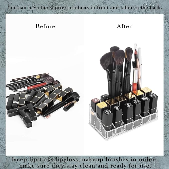 Lipstick Organizers and Storage,18 Slots Acrylic Lipstick Holder & Cosmetics Storage Display Case,Keep Lipsticks,Lip Gloss,Makeup Brushes in Order