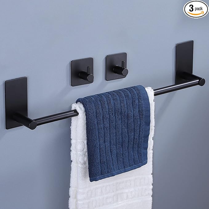 Taozun Towel Bar - Towel Holder with 2 Packs Adhesive Hooks Black 16-Inch Hand Towel Rack Stick on Wall, Stainless Steel Bathroom Hardware Accessory Kit