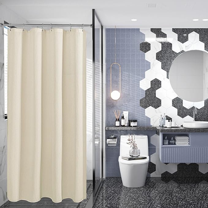 AmazerBath Waffle Shower Curtain, Cream Yellow Fabric, Hotel Quality, Heavy Duty, 36 x 72 Inches