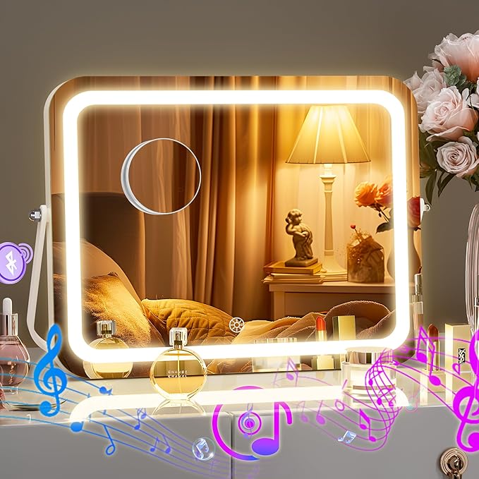 Hasipu LED Makeup Mirror with Bluetooth Speaker, 14" x 10" Wide-Screen Vanity Mirror with Lights, 3 Modes Light, Smart Touch Control Dimmable, Rectangle White Frame