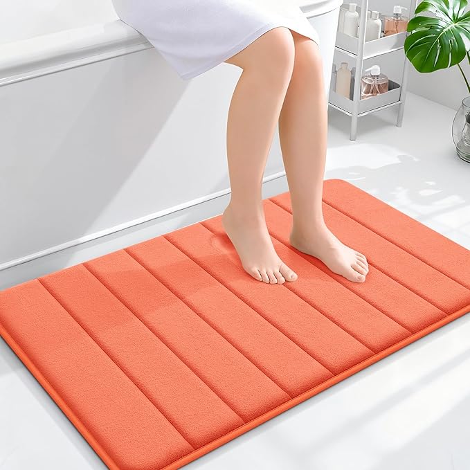 OLANLY Memory Foam Bath Mat 36x24, Super Soft Absorbent Bathroom Rugs, Quick Dry, Machine Washable Shower Floor Rugs, Bathmat Carpet, Bathroom Home Decor Accessories, Coral
