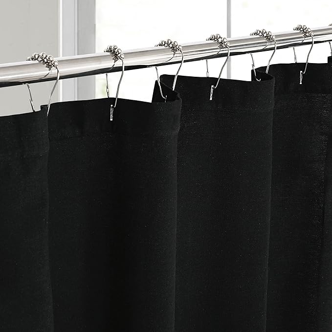 Farmhouse Black Shower Curtain,Beige and Black Stripe,Button Curtain,Linen and Cotton Woven Fabric,Rustic Charm Country Chic Style,72x78in