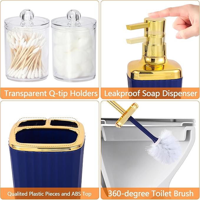Navy Blue Bathroom Set, 23 PCS Bathroom Accessories Set with Shower Curtains, Trash Can, Toothbrush Holder, Soap Dispensers, Toothbrush Cup, Vanity Tray, Soap Dish, Toilet Brush, Qtip Holders