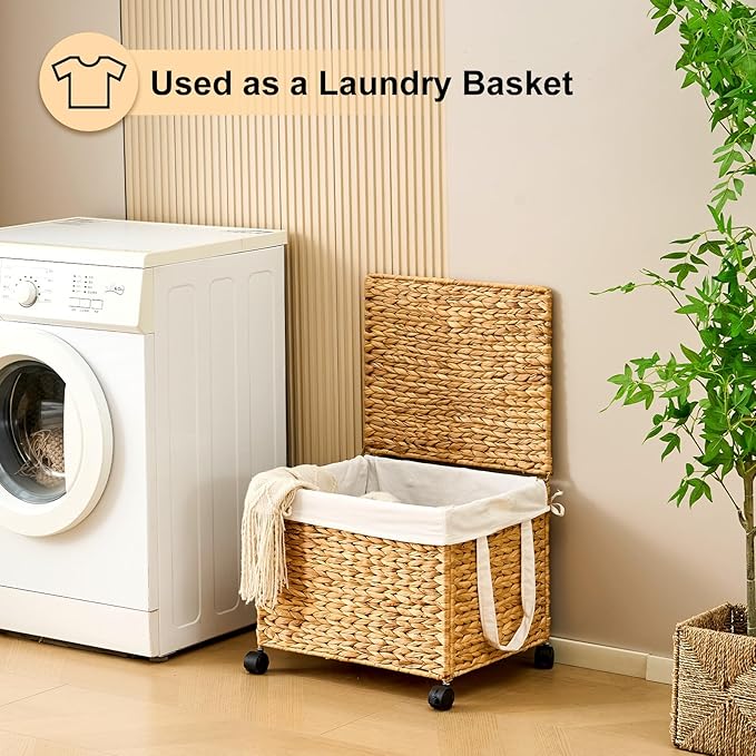 Rolling Laundry Hamper with Lid, Natural Water Hyacinth Basket with Removable Liner, Wheel or Non-Slip Installation Laundry Basket for Home Use (Natural, 60L)