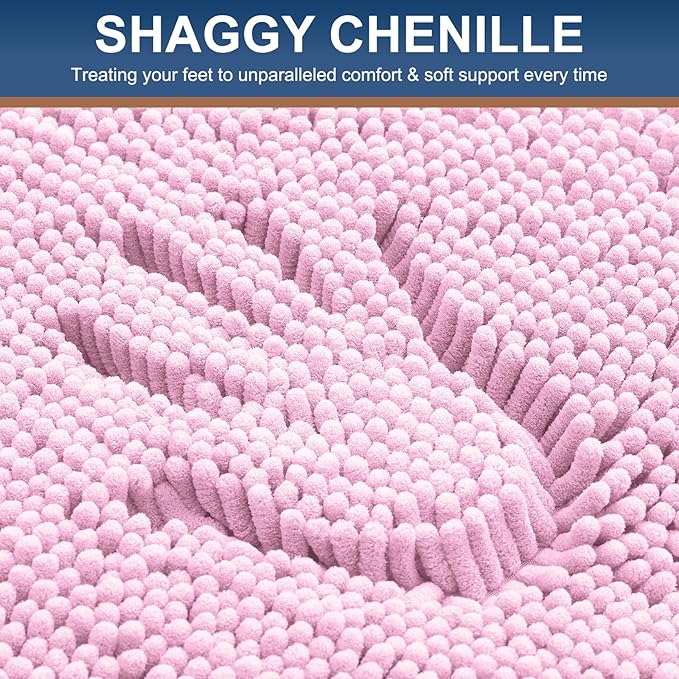 Smiry Luxury Chenille Bathroom Rugs 44x24, Extra Soft and Absorbent Shaggy Bath Mat, Machine Washable, Non-Slip Plush Carpet Runner for Tub, Shower, and Floor, Home Decor Accessories, Pink