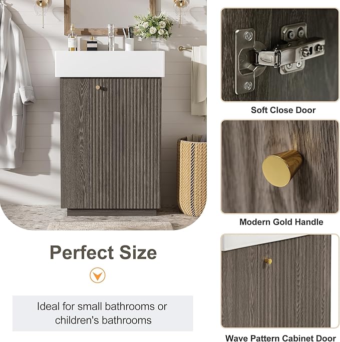 Virubi 21.6" Small Fluted Bathroom Vanity with Sink,Soft Closing Doors and Storage Shelves,Natural Wood Single Bathroom Sink Cabinet Combo Freestanding,Dark Grey