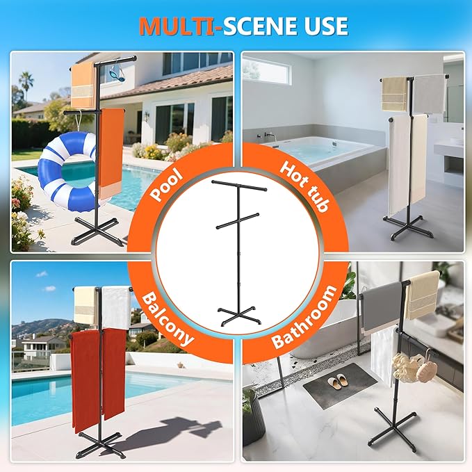 Hjarta Outdoor Towel Rack for Pool, 59 Inch Pool Towel Holder with 4 Bars, Poolside Towel Racks for Outdoor, Towel Drying Rack for Pool Area Outside, Bathroom, Spa, Hot Tub