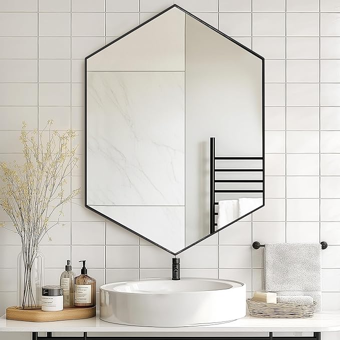 SogesHome Bathroom Medicine Cabinet with Mirror, Hexagon Mirror with 3-Tier Cabinet, Stainless Steel Frame and 2 Shelves for Bathroom, Bedroom, Entryway, Black