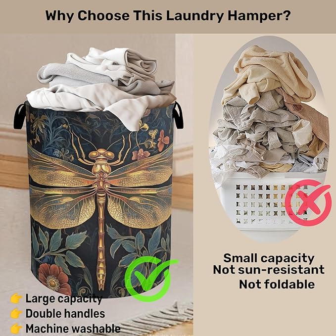 Retro Dragonfly Foldable Laundry Hamper - Waterproof Fabric Storage Basket with Handles, Clothes Hampers for Laundry,Bedroom,Dorm