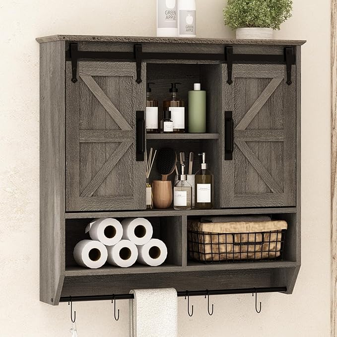 RUSTOWN Farmhouse Bathroom Wall Cabinet,3-Tier Rustic Wood Wall Mounted Cabinets,Vintage Medicine Cabinet with Sliding Barn Door and Adjustable Shelves,Over The Toilet Storage Cabinet (Washed Oak)