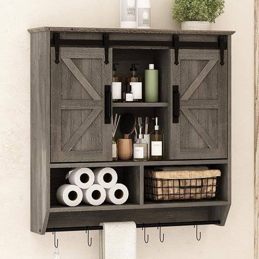 RUSTOWN Farmhouse Bathroom Wall Cabinet,3-Tier Rustic Wood Wall Mounted Cabinets,Vintage Medicine Cabinet with Sliding Barn Door and Adjustable Shelves,Over The Toilet Storage Cabinet (Washed Oak)