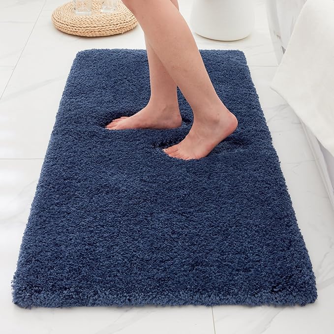 Bathroom Rugs Non Slip Washable 48x24, Ultra Thick Soft Microfiber Absorbent Bath Mats, High Density Foam Latex Non Slip Backing Bath Rugs, Fluffy Floor Carpet for Tub&Shower, Navy