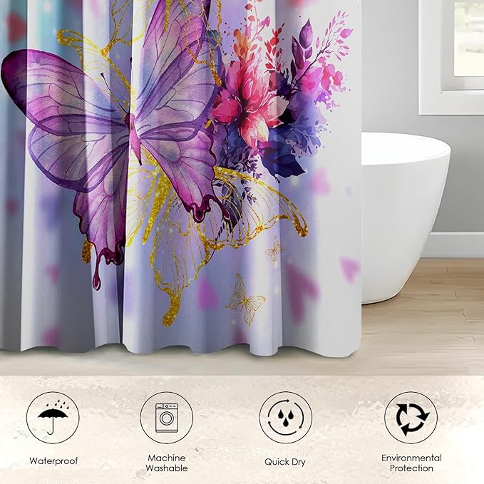 4 Piece Shower Curtain Set, Spring Summer Flowers Waterproof Bathroom Set Accessories with Non-Slip Rugs, Toilet Lid Cover Bath Mat and 12 Hooks, Watercolor Pink Butterfly Home Decor 72" x 72"