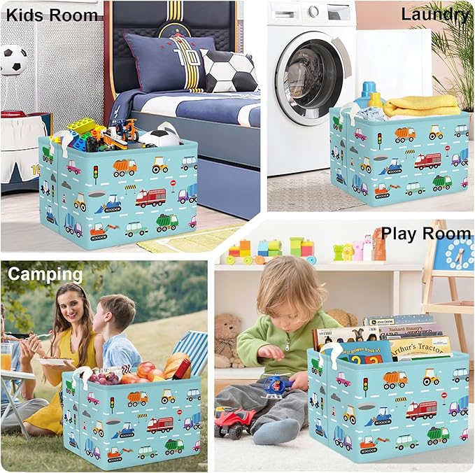 Cars Laundry Hamper Cartoon Vehicle Large Storage Basket Collapsible Parents Organizer Boy Toy Clothes Bins for Bedroom, Bathroom, Fire Engine, 36L