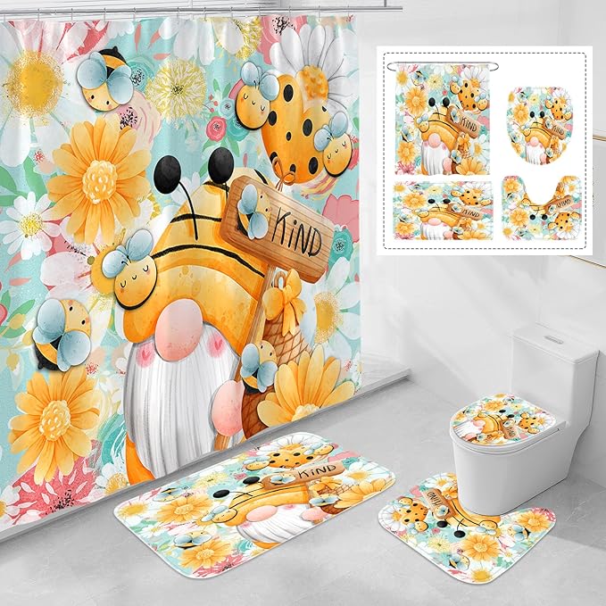 Litabel 4 Pcs Sping Gnomes Shower Curtain Set with Non-Slip Rugs, Toilet Lid Cover and Bath Mat, Boho Floral Bathroom Decor Set with Shower Curtain and Rugs(Hooks Not Included)