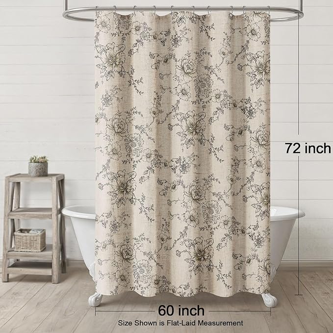Farmhouse Floral Linen Shower Curtain, Vintage Black Pattern Rustic Shower Curtains for Bathroom, Tan Taupe,60x72