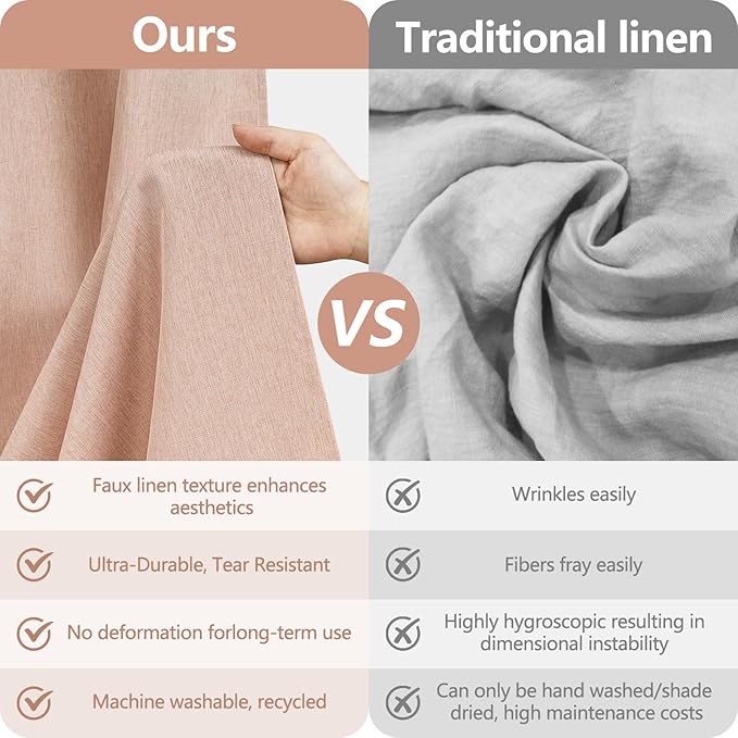 Dusty Rose Linen Look Vintage Shower Curtain Water-Resistant, Faux Linen Textured Thick Fabric Shower Curtain Washable, 72 x 72 Inch Blush Pink Heavyweight Shower Curtains for Bathroom