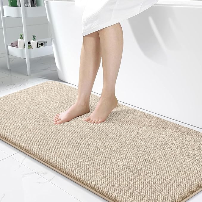 OLANLY Thick Memory Foam Bath Mat Rug 50x30, Extra Soft Absorbent Bathroom Rug, Quick Dry Bath Mats, Non-Slip, Machine Washable Carpet for Bathroom, Tub and Shower, Home Decor Accessories, Beige