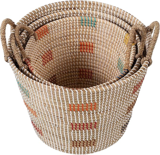 Laundry Hamper, Wicker Laundry Baskets with Handles, Storage Baskets, Woven Basket Decorative Baskets for Shelves, Basket for Gifts, Closet, Pantry, and Home Organization, Set of 3, Multi-Size