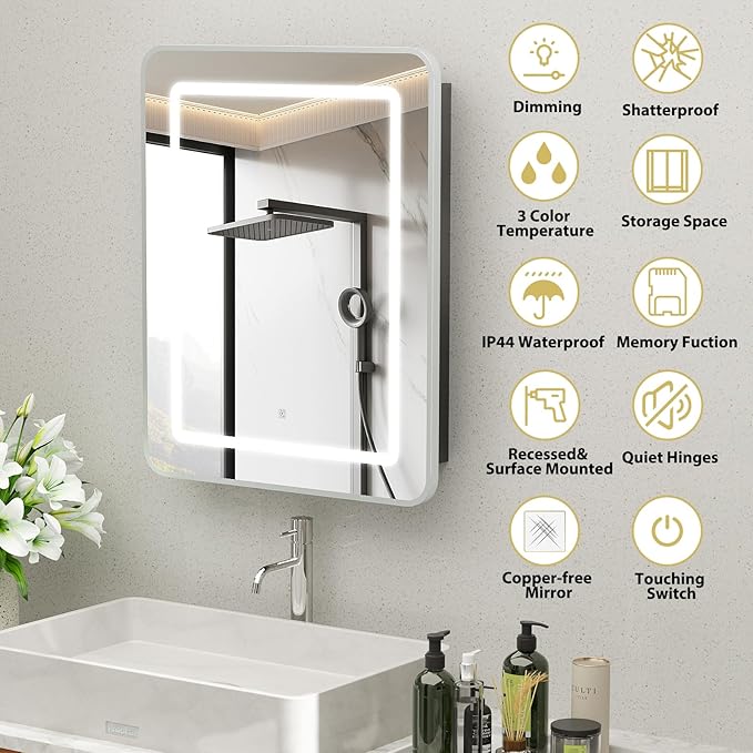 ROOMTEC Lighted Medicine Cabinet with Mirror 16"x24", Bathroom Mirror Cabinet with Lights and Storage, Single Doors Bathroom Wall Cabinet with LED Lights,Silver