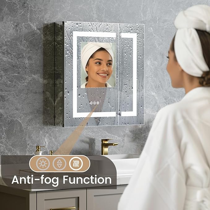 24x26 Inch Bathroom Medicine Cabinet with Mirror, Lighted Bathroom Mirror with Storage, Recessed /Surface Mount Medicine Cabinet with Socket & USB, Anti-Fog, 3 Colors Temperature, Dimmable Light