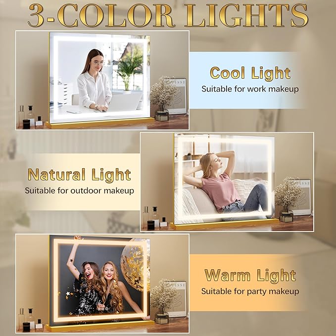 ROLOVE Gold Vanity Mirror with Lights 23x18 Inch, 3-Color Dimmable LED & Touch Control - Large Makeup Mirror for Dressing Room (Wall/Tabletop Mount)