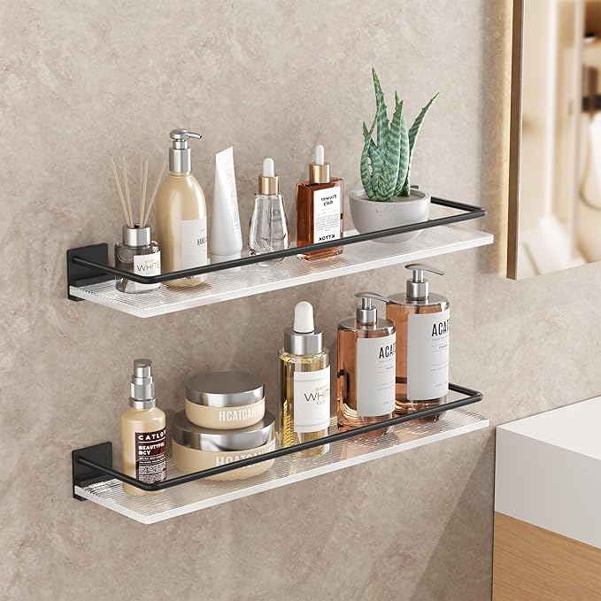Acrylic Bathroom Floating Shelves - Set of 2, Wall Mounted Shelves for Suitable for Lavatory, Kitchen, Laundry Room, Farmhouse, for Item Storage/Room Decoration (Black)