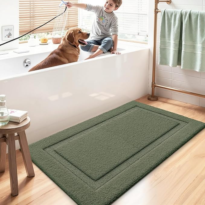LUMI Large Ultra Soft Bathroom Rugs Non Slip with Rubber Backing, Absorbent Washable Bath Mat Quick Dry, Upgraded Premium Microfiber Plush Carpet for Bathtub and Shower Floor, Green, 24x43