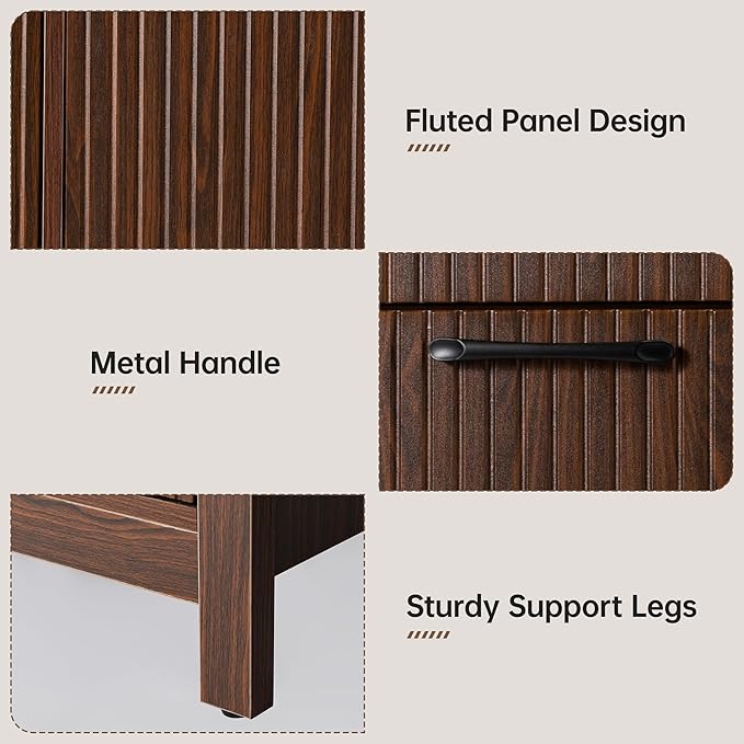 Airynee Double Tilt-Out Laundry Hamper Cabinet with 2 Drawers, 20 Gallon Fluted Trash Can Cabinet with Laundry Basket, Hidden Wood Garbage Can Bin Cabinets for Bathroom & Kitchen, Brown