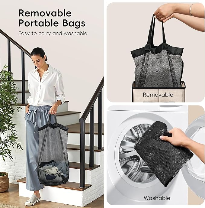 100L Laundry Hamper with Lid, Large Clothes Hampers with Removable Bag, Collapsible Laundry Basket for Bathroom, Bedroom, Laundry Room, Dorm, Beige