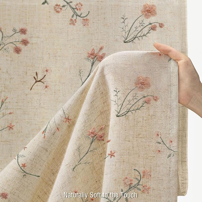 Floral Farmhouse Vintage Linen Shower Curtain, French Country Embroidered Textured Shower Curtains for Bathroom, 72Wx72H