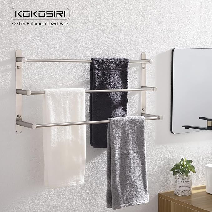 KOKOSIRI Bath Towel Bars Stainless Steel Bathroom 3-Tiers Ladder Towel Rack Wall Mount Towels Shelves, Brushed Nickel, B5002BR-L24