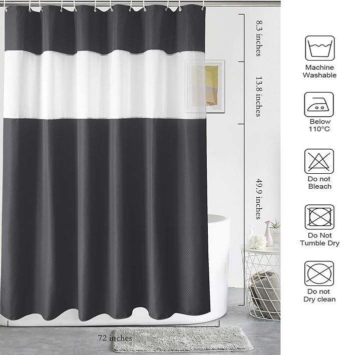 UFRIDAY Waffle Weave Fabric Shower Curtain with Mesh Window, Heavy Duty Decorative Bathroom Curtain with White Pique Pattern, Spa-Like Hotel Luxury, Water-Repellent,72 x 72 Inches