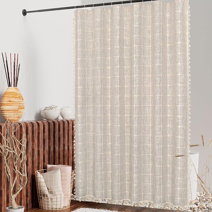 MitoVilla Boho Farmhouse Shower Curtain Set, Modern Boho Shower Curtains for Bathroom Decor, Tan Brown Polyester Linen Fabric Shower Curtain, Rustic Neutral Weave Cloth Shower Curtain, Taupe, 72 x 72