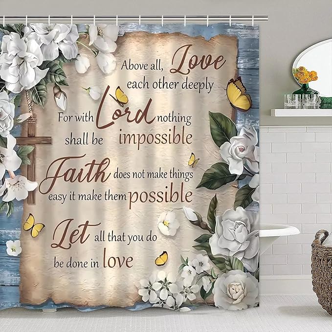 AZHM White Camellia Flower Shower Curtain Sets Inspirational Quotes with Yellow Butterfly Bathroom Decor Accessories Set with Rugs and 12 Hooks