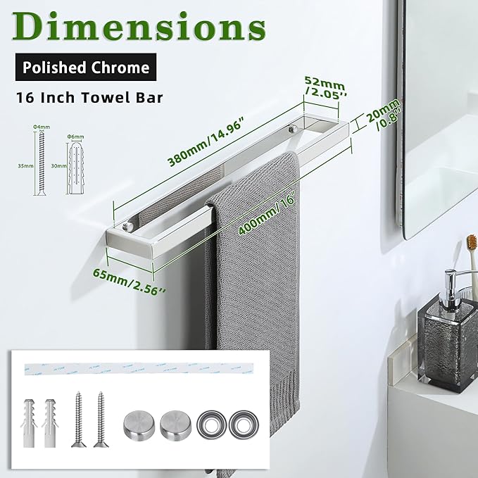 Alise 16 Inch Towel Bar,Towel Holder for Bathroom,Towel Racks for Lavatory,SUS304 Stainless Steel Hand Towel Hanger,Wall Mount Towel Rail,Polished Chrome