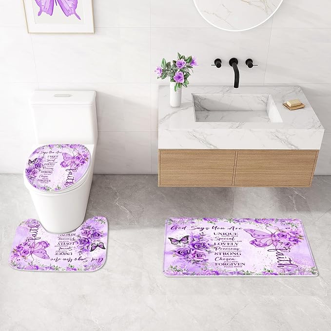 Litabel 4 Pcs Purple Butterfly Inspirational Quotes Shower Curtain Set with Rugs and Toilet Lid Cover, Colorful Boho Waterproof Fabric Bathroom Set, Bible Verse Floral Bathroom Decor Set Accessories