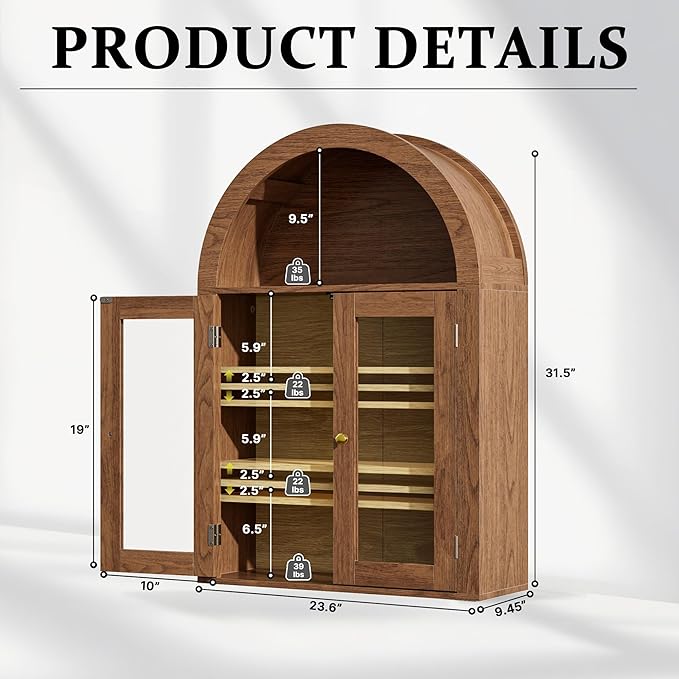 BREEZEHEAT Arched Medicine Cabinet with Glass Doors, Adjustable Shelf, Wall Mounted Bathroom Storage Cabinet Over Toilet, Walnut Wood Grain, 23.6''W × 31.5''H