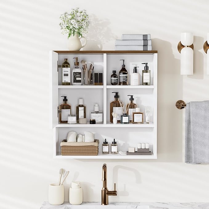 Bathroom Wall Storage Cabinet Fluted,Modern Over The Toilet Storage Cabinet Medicine Cabinet with Adjustable Shelves, Wood Curved Profile Wall Mounted Storage Organizer(White Wood, Medium)
