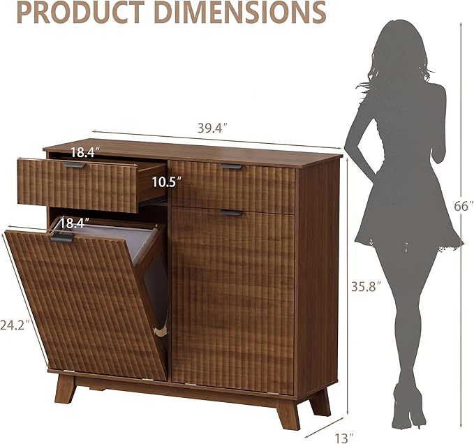 Wodeer Double Tilt Out Laundry Hamper Cabinet with 2 Drawers & Baskets, 20 Gallon Fluted Hidden Trash Can Cabinet, Farmhouse Wood Laundry Storage Cabinets for Bathroom, Kitchen, Walnut