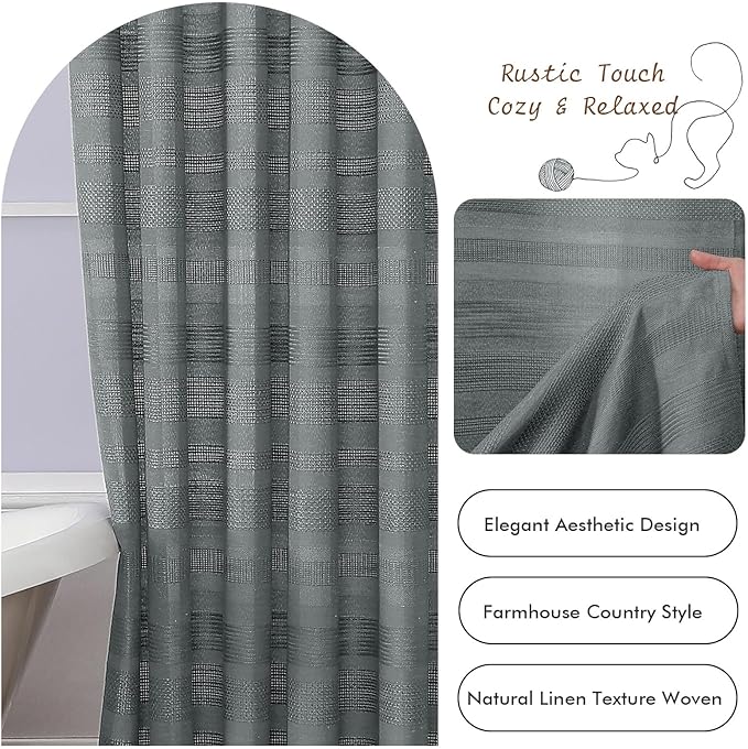 OVZME Light Grey Shower Curtain for Bathroom, Boho Linen Textured Shower Curtain with Tassel, Rustic Striped Heavy Duty Vintage Country Bathroom Curtain, 72Wx72L Inches