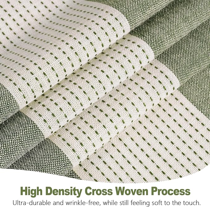 Boho Farmhouse Thick Shower Curtain with Tassels, 350GSM Cotton Linen Soft Fabric Shower Curtain Heavyweight, Sage Green Rustic Country Striped Bathroom Decor Curtain Water Repellent