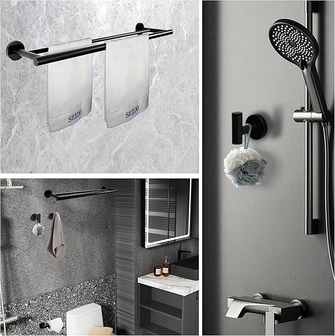 SEIDO 4-Piece Matte Black Bathroom Accessories Set – 24 Inch Double Towel Bar with Toilet Paper Holder & 2 Hooks - SUS 304 Stainless Steel Wall Mounted Hardware Kit for Bathroom, Laundry Room