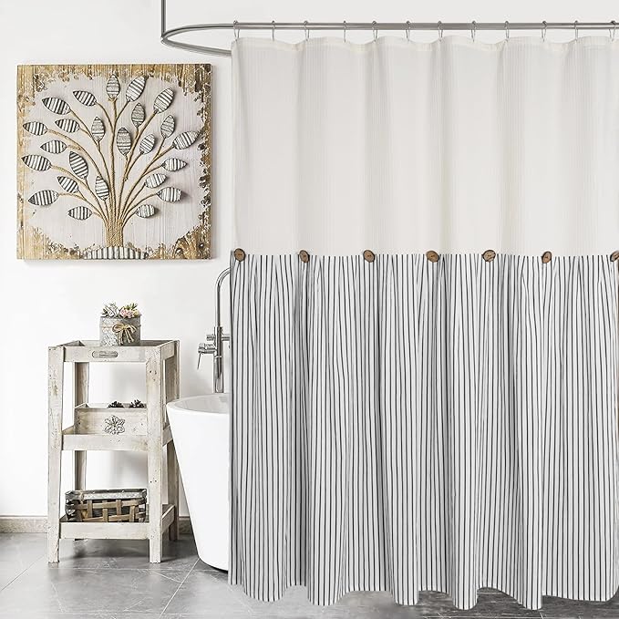 Farmhouse Shower Curtain,Beige and Black Striped,Button Curtain,Spa Waffle and Cotton Woven Fabric,Rustic Charm Country Chic Style,72x96 in