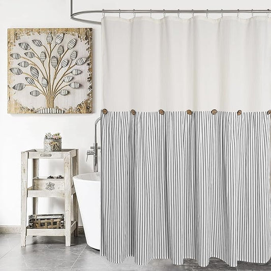 Farmhouse Shower Curtain,Beige and Black Striped,Button Curtain,Spa Waffle and Cotton Woven Fabric,Rustic Charm Country Chic Style,72x96 in