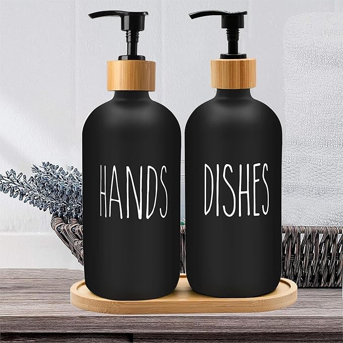 Sunrise Premium 16 OZ Thick Black Glass Soap Dispenser, Bamboo Pump with Tray 2 Pack, Hand and Dish Soap Dispenser Set for Bathroom with 6 Waterproof Labels