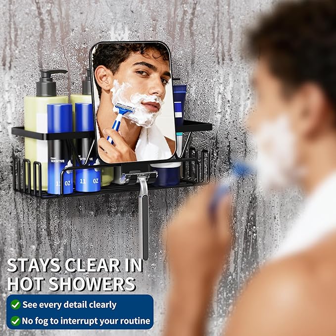 KEGII 4 Pack Adhesive Shower Caddy with Fogless Shower Mirror, Shower Organizer with Soap Holder, Razor Holder & Hooks, No-Drill Rustproof Bathroom Storgae Rack, Black