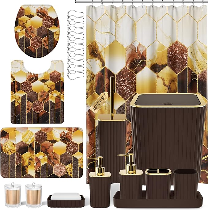 XLHOMO Bathroom Set - 26PC Bathroom Set with Shower Curtain and Rugs, Bathroom Accessory Set, Brown Bathroom Accessories Set, Trash Can & Soap Dispenser