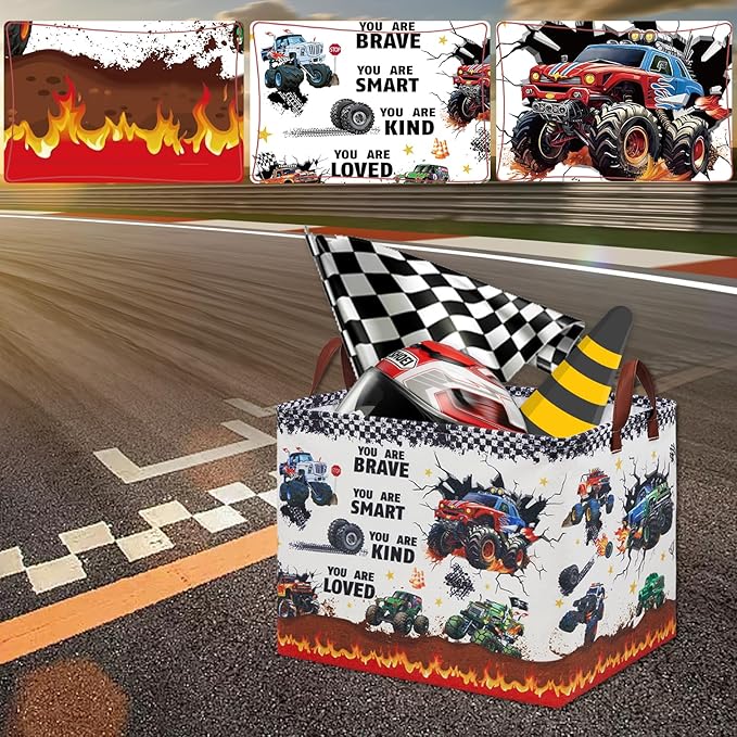 Monster Truck Storage Laundry Basket, Kid Room Decor for Boys,Rectangular Gift Bag Toy Box Shelf Basket ,Collapsible Clothes Book Organizer Bin,Easter Gifts Basket