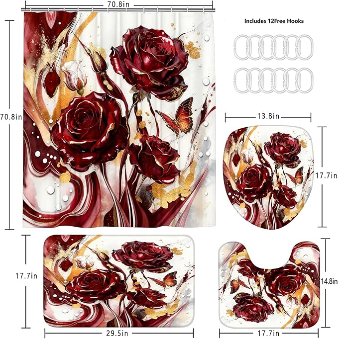 Red Marble Rose Shower Curtain Set,Luxury Modern Abstract Floral Bathroom Decor with Non-Slip Rugs & Toilet Lid Cover, Waterproof Fabric with 12 Hooks,Elegant Glamorous Bathroom Accessories for Home